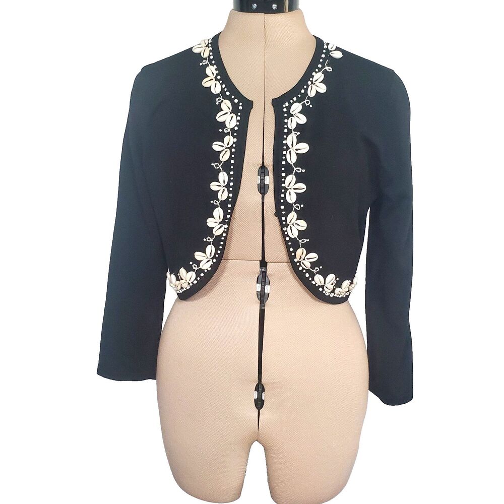 Kenar Women’s Cardigan Medium Black Embroidered Shells Silk Blend Bolero Sweater